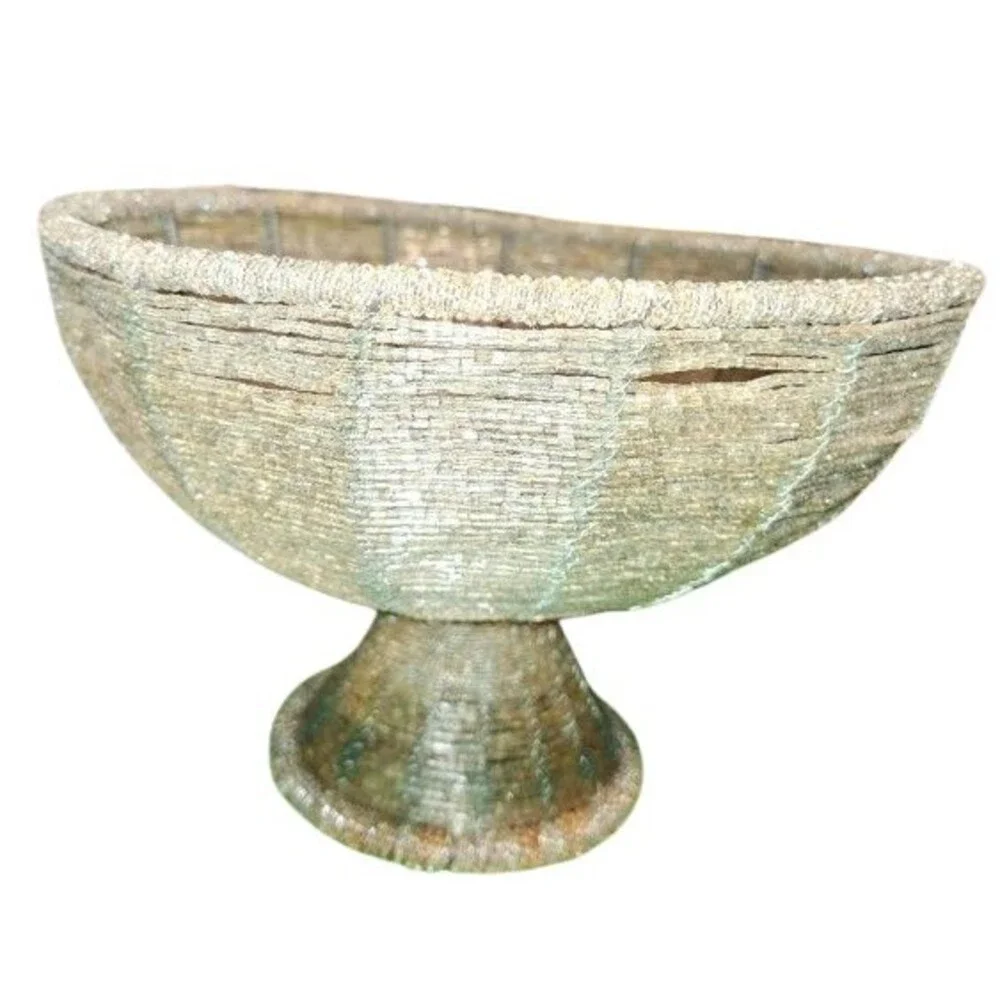 BC Decorative Amber/Silver Seed Bead Pedestal Wire Basket Bowl 7